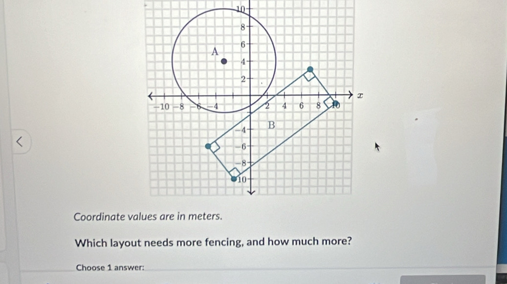 10 
< 
Coordinate v 
Which layout needs more fencing, and how much more? 
Choose 1 answer:_ 
_