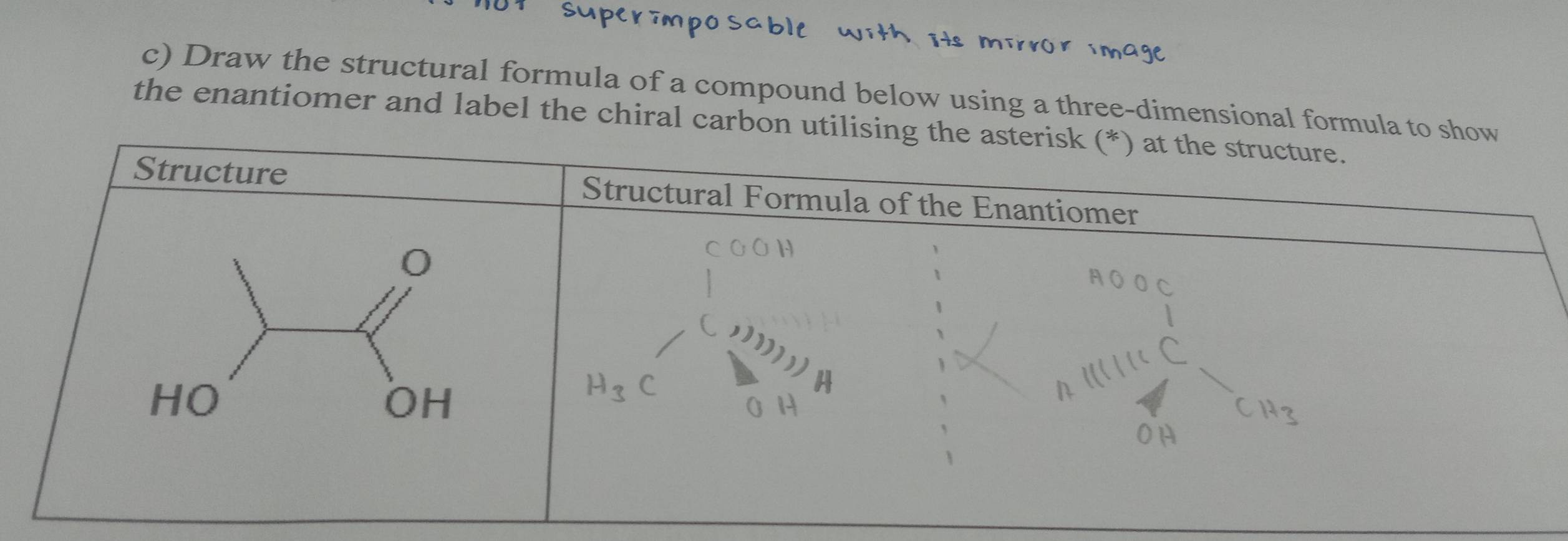 Draw the structural formula of a compound below using a three-dimensional form
the enantiomer and label the chiral car