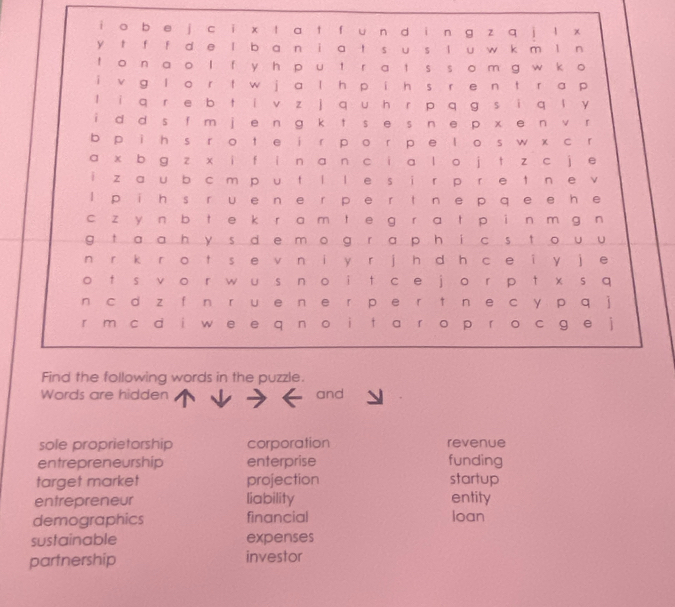 Words are hidden and
sole proprietorship corporation revenue
entrepreneurship enterprise funding
target market projection startup
entrepreneur liability entity
demographics financial loan
sustainable expenses
partnership investor