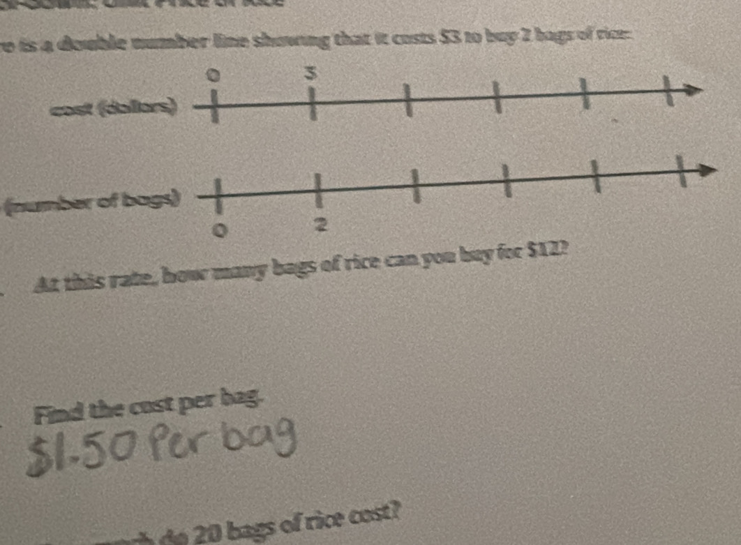 re is a double number line showing that it costs $3 to buy 2 bags of rice: 
(number of bags) 
At this rate, how many bags of rice can you buy for $12? 
Find the cost per bag. 
e bags of rice cost