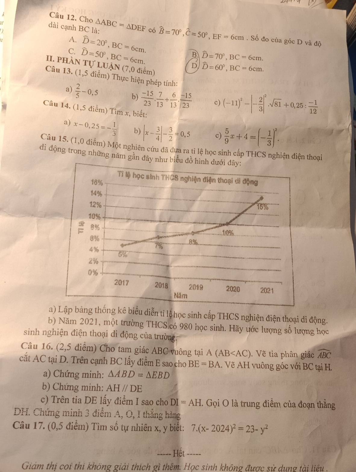 Cho
at
)
dài cạnh BC là: △ ABC=△ DEF có hat B=70°,hat C=50°,EF=6cm.Shat o đo của góc D và độ
A.
C. widehat D=20°,BC=6cm.
B. hat D=70°,BC=6cm.
II. phàn hat D=50°,BC=6cm. TULUAN (7,0 điểm)
D, widehat D=60°,BC=6cm.
Câu 13. (1,5 điểm) Thực hiện phép tính:
a)  2/5 -0,5 b)  (-15)/23 . 7/13 + 6/13 . (-15)/23  c) (-11)^2-|- 2/3 |^2sqrt(81)+0,25: (-1)/12 
Câu 14. (1,5 điểm) Tìm x, biết:
a) x-0,25=- 1/3  b) |x- 3/4 |- 3/2 =0,5 c)  5/9 x+4=(- 1/3 )^2.
Câu 15. (1,0 điểm) Một nghiên cứu đã đưa ra tỉ lệ học sinh cấp THCS nghiện điện thoại
di động trong những năm gần đây như biểu đồ hình dưới đây:
Tỉ lệ học sinh THCS nghiện điện thoại di động
16%
14%
12% 15%
10%
8% 10%
8%
4%
7% 8%
5%
2%
0%
2017 2018 2019 2020 2021
Năm
a) Lập bảng thống kê biểu diễn tỉ lệ học sinh cấp THCS nghiện điện thoại di động.
b) Năm 2021, một trường THCS có 980 học sinh. Hãy ước lượng số lượng học
sinh nghiện điện thoại di động của trường.
Câu 16. (2,5 điểm) Cho tam giác ABC vuông tại A(AB . Về tia phân giác widehat ABC
cắt AC tại D. Trên cạnh BC lấy điểm E sao cho BE=BA.. Vẽ AH vuông góc với BC tại H.
a) Chứng minh: △ ABD=△ EBD
b) Chứng minh: AHparallel DE
c) Trên tia DE lấy điểm I sao cho DI=AH. Gọi O là trung điểm của đoạn thắng
DH. Chứng minh 3 điểm A, O, I thắng hàng
Câu 17. (0,5 điểm) Tìm số tự nhiên x, y biết: 7.(x-2024)^2=23-y^2
----- Hết_ __--
Giám thị coi thi không giải thịch gì thêm. Học sinh không được sử dung tài liêu .