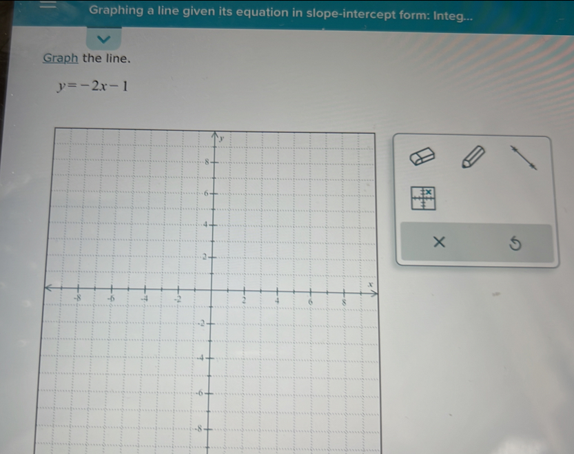 Graphing a line given its equation in slope-intercept form: Integ... 
Graph the line.
y=-2x-1
X 6