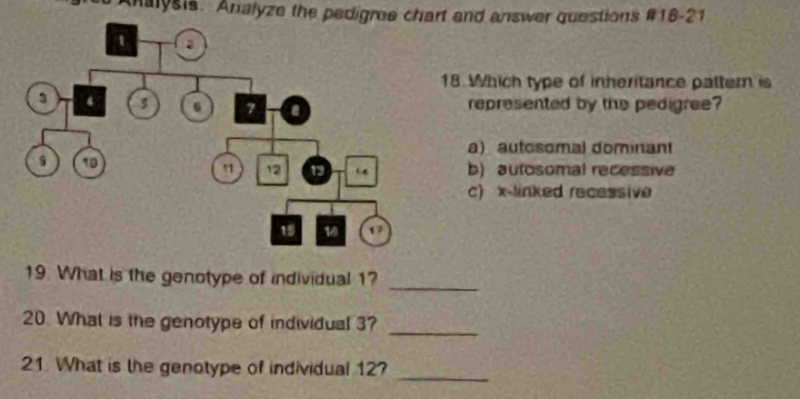 Analysis. Analyze the pedigree chart and answer questions #18-21
18. Which type of inheritance pattern is
represented by the pedigree?
a) autosomal dominant
b) autosomal recessive
c) x -linked recessive
19. What is the genotype of individual 1?
_
20. What is the genotype of individual 3?_
21 What is the genotype of individual 12?_