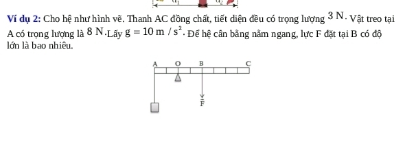 Ví dụ 2: Cho hệ như hình vẽ. Thanh AC đồng chất, tiết diện đều có trọng lượng 3 N. Vật treo tại 
A có trọng lượng là 8 N.Lấy g=10m/s^2 Để hệ cân bằng nằm ngang, lực F đặt tại B có độ 
lớn là bao nhiêu.