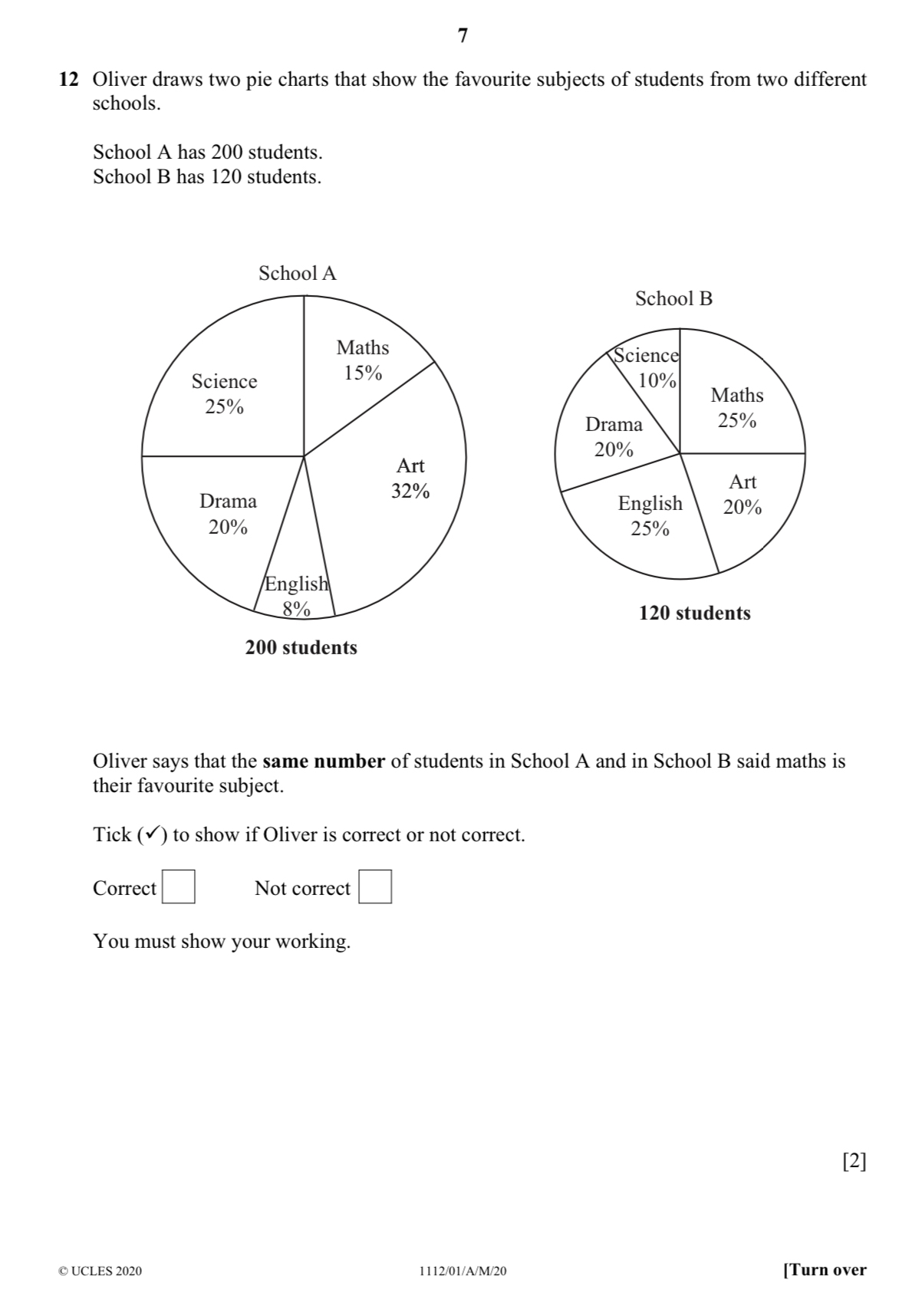 7 
12 Oliver draws two pie charts that show the favourite subjects of students from two different 
schools. 
School A has 200 students. 
School B has 120 students. 
Oliver says that the same number of students in School A and in School B said maths is 
their favourite subject. 
Tick (✔) to show if Oliver is correct or not correct. 
Correct □ Not correct □ 
You must show your working. 
[2] 
© UCLES 2020 1112/01/A/M/20 [Turn over