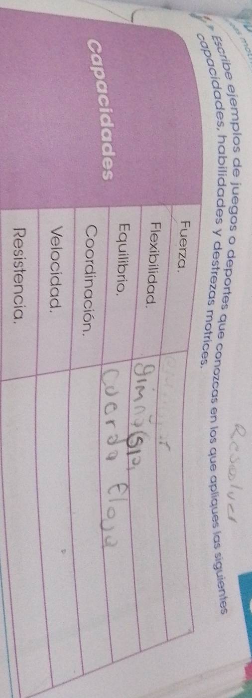 « Escribe ejemplos de juegos o deportes que conozcas en los que apliques las siguientes 
cidades, habilidades y destreza