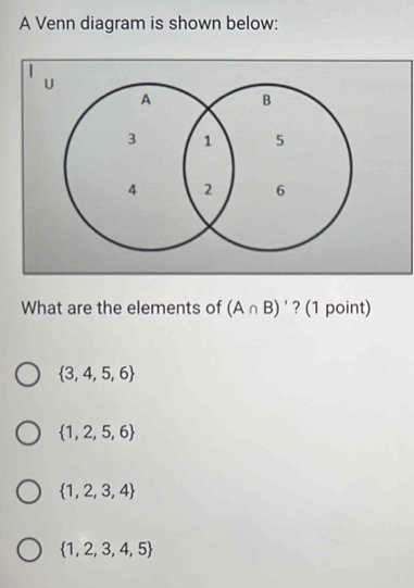 A Venn diagram is shown below:
What are the elements of (A∩ B)' ? (1 point)
 3,4,5,6
 1,2,5,6
 1,2,3,4
 1,2,3,4,5