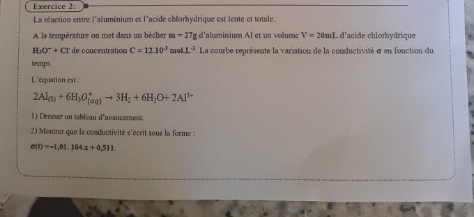 La réaction entre l'aluminium et l’acide chlorhydrique est lente et totale. 
A la température on met dans un bécher m=27g d'aluminium Al et un volume V=20mL d'acide chlorhydrique
H_3O^++Cl^- de concentration C=12.10^(-3)mol.L^(-1) * La courbe représente la variation de la conductivité σ en fonction du 
temps. 
L'équation est
2Al_(s)+6H_3O_((aq))^+to 3H_2+6H_2O+2Al^(3+)
1) Dresser un tableau d'avancement. 
2) Montrer que la conductivité s'écrit sous la forme :
sigma (t)=-1,01,104.x+0.511.