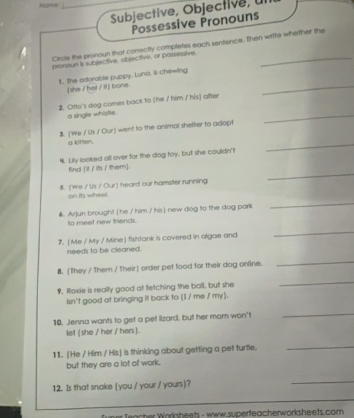 Solved: Name: _Subjective, Objective, ul Possessive Pronouns Circle the ...