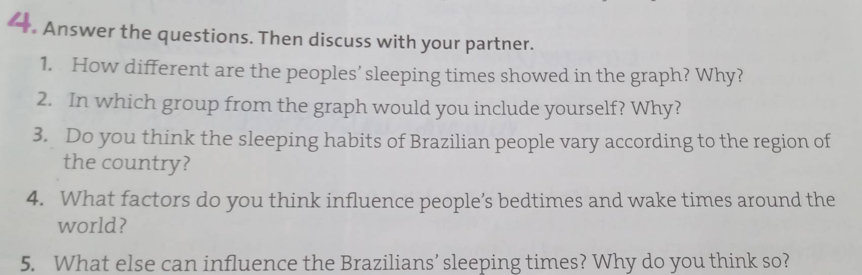 —. Answer the questions. Then discuss with your partner. 
1. How different are the peoples’sleeping times showed in the graph? Why? 
2. In which group from the graph would you include yourself? Why? 
3. Do you think the sleeping habits of Brazilian people vary according to the region of 
the country? 
4. What factors do you think influence people’s bedtimes and wake times around the 
world? 
5. What else can influence the Brazilians’ sleeping times? Why do you think so?