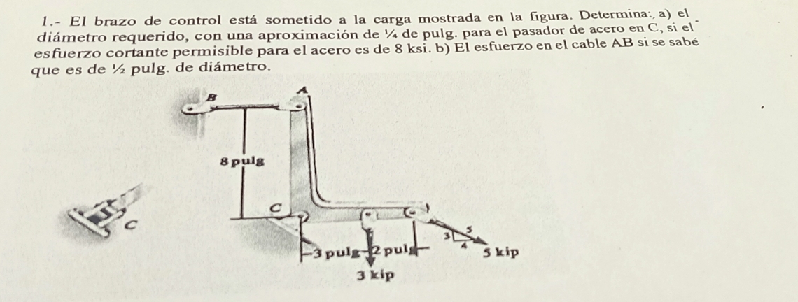 1.- El brazo de control está sometido a la carga mostrada en la figura. Determina: a) el 
diámetro requerido, con una aproximación de ¼ de pulg. para el pasador de acero en C, si el 
esfuerzo cortante permisible para el acero es de 8 ksi. b) El esfuerzo en el cable AB si se sabé 
que es de ½ pulg. de diámetro.