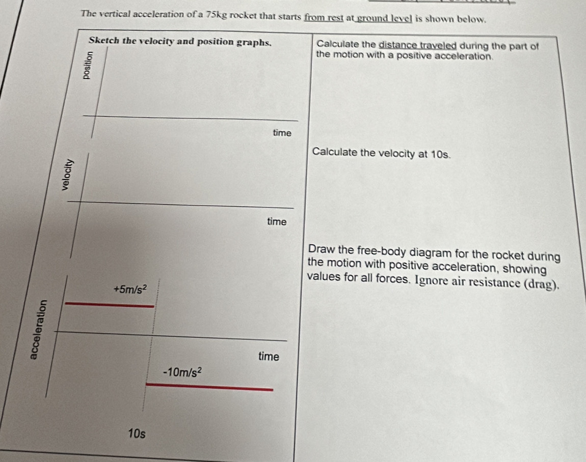 The vertical acceleration of a 75kg rocket that starts from rest at ground level is shown below. 
Sketch the velocity and position graphs. Calculate the distance traveled during the part of 
the motion with a positive acceleration. 
time 
Calculate the velocity at 10s. 
time 
Draw the free-body diagram for the rocket during 
the motion with positive acceleration, showing 
values for all forces. Ignore air resistance (drag).
+5m/s^2
5 
time
-10m/s^2
10s