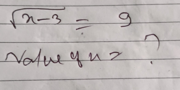 sqrt(x-3)=9
Nolue y u?