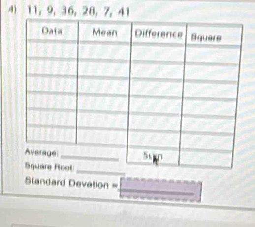 11, 9, 36, 28 ， 7, 41
_ 
Standard Devation =