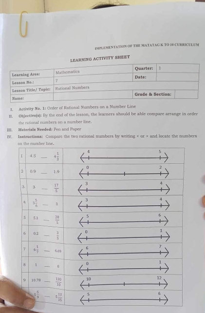 IMPLEMENTATION OF THE MATATAG K TO 10 CURRICULUM 
ACTIVITY SHEET 
I. Activity No. 1: Order of Rational Numbers on a Number Line 
II. Objective(s): By the end of the lesson, the learners should be able compare arrange in order 
the rational numbers on a number line. 
111. Materials Needed: Pen and Paper 
IV. Instructions: Compare the two rational numbers by writing or and locate the numbers 
on the number line. 
I 4.5 _ 4 1/3  4 
5 
2 0.9 _ 1.9
3^3 _  17/5 
4 3 5/6  _3 
5 5.3 _  28/5 
6^(0.2) _ -  3/5 
7 6 1/7  _ 6.69
8 1 _ 0
9 10.78 _  120/10 
5 5/9 -5 13/15  _