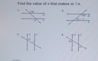 Find the value of x that makes m Ⅱn.
1.2.
3. 4.