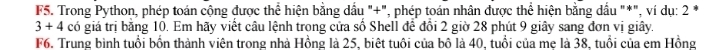 F5. Trong Python, phép toán cộng được thể hiện bằng dầu "+", phép toán nhân được thể hiện bằng dấu "*", ví dụ: 2 *
3+4 có giá trị bằng 10. Em hãy viết câu lệnh trong cửa số Shell để đổi 2 giờ 28 phút 9 giây sang đơn vị giây. 
F6. Trung bình tuổi bốn thành viên trong nhà Hồng là 25, biệt tuổi của bộ là 40, tuổi của mẹ là 38, tuổi của em Hồng
