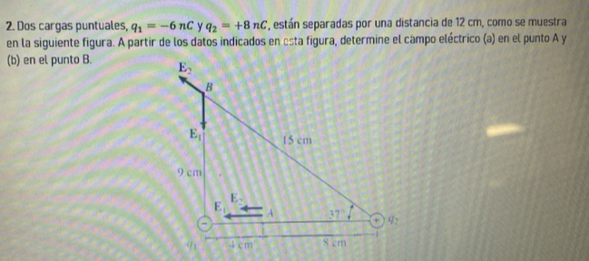 Dos cargas puntuales, q_1=-6nC y q_2=+8nC *, están separadas por una distancia de 12 cm, como se muestra
en la siguiente figura. A partir de los datos indicados en esta figura, determine el campo eléctrico (a) en el punto A y
(b) en el punto B.