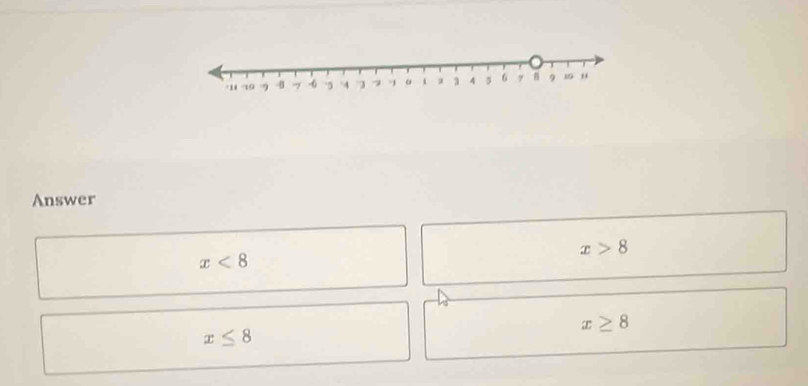 Answer
x>8
x<8</tex>
x≥ 8
x≤ 8