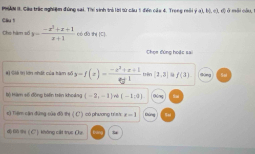 PHAN II. Câu trấc nghiệm đúng sai. Thí sinh trả lời từ câu 1 đến câu 4. Trong mỗi ý a), b), c), d) ở môi câu,
Câu 1
Cho hàm số y= (-x^2+x+1)/x+1  có đồ thị (C).
Chọn đúng hoặc sai
a) Giá trị lớn nhất của hàm số y=f(x)= (-x^2+x+1)/x+1  trên [2,3] là f(3). Đứng Sal
b) Hàm số đồng biến trên khoảng (-2,-1) và (-1;0). Đủng Sai
c) Tiệm cận đứng của đồ thị ( C) có phương trình: x=1 Đúng Sai
d) Đồ thị ( C ) không cất trục Ox. Sai