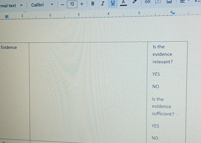 rmal text Calibri 12 + B I U A +
Evi 
NO