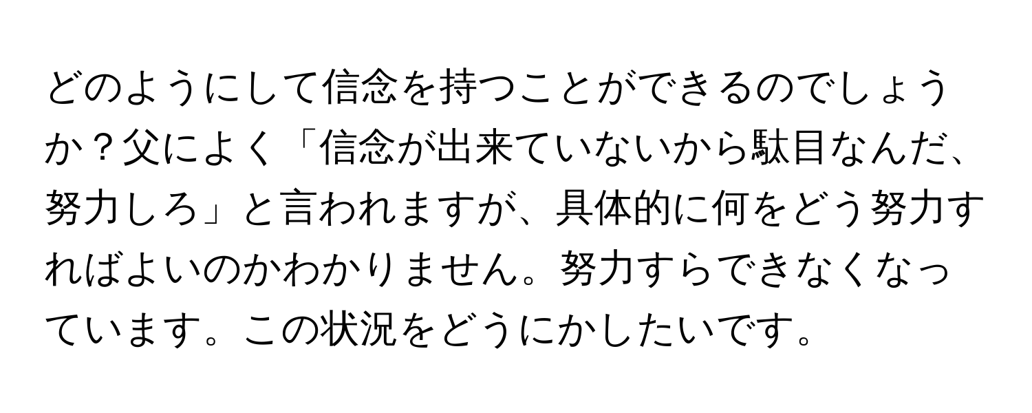 どのようにして信念を持つことができるのでしょうか？父によく「信念が出来ていないから駄目なんだ、努力しろ」と言われますが、具体的に何をどう努力すればよいのかわかりません。努力すらできなくなっています。この状況をどうにかしたいです。