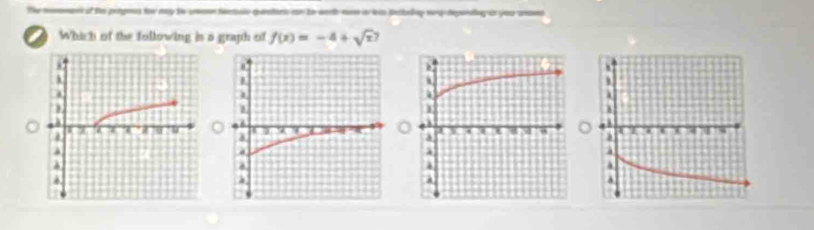 The memmn of te prngees for may t unen fonte uraturic con to wart rv in leis Destallny wea deparating as you anet 
a Which of the following is a graph of f(x)=-4+sqrt(x)
o