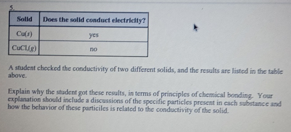 A student checked the conductivity of two different solids, and the results are listed in the table
above.
Explain why the student got these results, in terms of principles of chemical bonding. Your
explanation should include a discussions of the specific particles present in each substance and
how the behavior of these particiles is related to the conductivity of the solid.