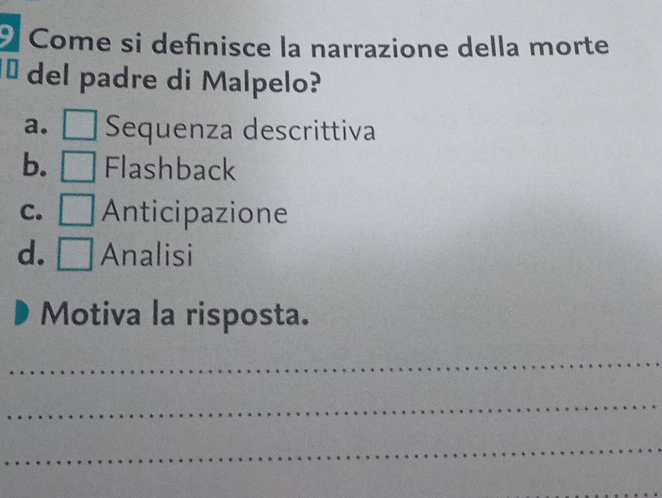 Come si definisce la narrazione della morte
ª del padre di Malpelo?
a. Sequenza descrittiva
b. Flashback
C. Anticipazione
d. Analisi
Motiva la risposta.
_
_
_