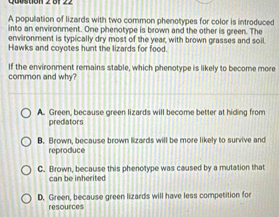 Solved: A population of lizards with two common phenotypes for color is ...
