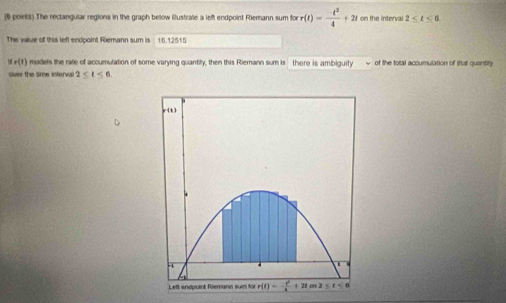 The rectangular regions in the graph below illustrate a left endpoint Riemann sum for r(t)= (-t^2)/4 +2t on the interval 2≤ t≤ 6.
The value of this left endpoint Riemann sum is 16.12515
ifr(t) models the rate of accumulation of some varying quantity, then this Riemann sum is there is ambiguity of the total accumulation of that quantity
siver the time interval 2≤ t≤ 6.