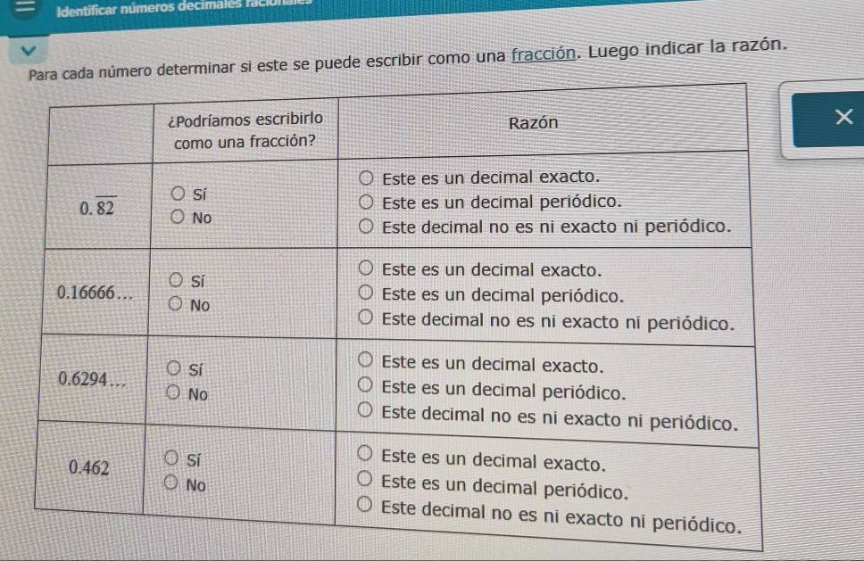 dentificar números decimales r ci 
rminar si este se puede escribir como una fracción. Luego indicar la razón.