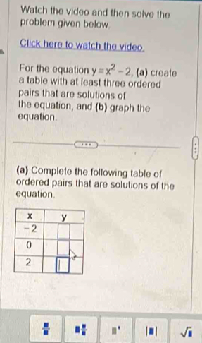 Watch the video and then solve the 
problem given below. 
Click here to watch the video. 
For the equation y=x^2-2 , (a) create 
a table with at least three ordered 
pairs that are solutions of 
the equation, and (b) graph the 
equation. 
(a) Complete the following table of 
ordered pairs that are solutions of the 
equation.
□° sqrt(□ )