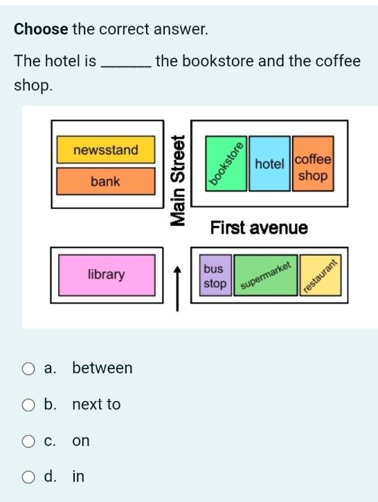 Choose the correct answer.
The hotel is _the bookstore and the coffee
shop.
a. between
b. next to
c. on
d. in