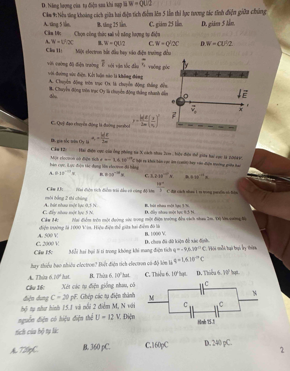 D. Năng lượng của tụ điện sau khi nạp là W=QU/2
Câu 9:Nếu tăng khoảng cách giữa hai điện tích điểm lên 5 lần thì lực tương tác tĩnh điện giữa chúng
A. tăng 5 lần. B. tăng 25 lần. C. giảm 25 lần. D. giảm 5 lần.
Câu 10: Chọn công thức sai về năng lượng tụ điện
A. W=U^2/2C B. W=QU/2 C. W=Q^2/2C D. W=CU^2/2.
Câu 11: Một electron bắt đầu bay vào điện trường đều
với cường độ điện trường  [/E  với vận tốc đầu V_0 vuông gó
với đường sức điện. Kết luận nào là không đúng
A. Chuyển động trên trục Ox là chuyển động thẳng đều.
B. Chuyển động trên trục Oy là chuyển động thẳng nhanh dần
đều
C. Quỹ đạo chuyển động là đường parabol y= |q|E/2m (frac xv_0)^2
D. gia tốc trên Oy là a_,= |q|E/2m 
Câu 12:  Hai điện cực của ống phóng tia X cách nhau 2cm , hiệu điện thế giữa hai cực là 100kV.
Một electron có điện tích e=-1,6.10^(-19)C bật ra khỏi bản cực âm (catôt) bay vào điện trường giữa hai
bản cực. Lực điện tác dụng lên electron đó bằng
A. 8· 10^(-13)N. B. 8· 10^(-18)N. C. 3,2· 10^(-17)N. D. 8· 10^(-15)N.
Câu 13:  Hai điện tích điểm trái dấu có cùng độ lớn  (10^(-4))/3  C đặt cách nhau 1 m trong parafin có điện
môi bằng 2 thì chúng
A. hút nhau một lực 0,5 N. B. hút nhau một lực 5 N.
C. đẩy nhau một lực 5 N. D. đầy nhau một lực 0,5 N.
Câu 14: Hai điểm trên một đường sức trong một điện trường đều cách nhau 2m. Độ lớn cường độ
điện trường là 1000 V/m. Hiệu điện thế giữa hai điểm đó là
A. 500 V. B. 1000 V.
C. 2000 V. D. chưa đủ dữ kiện đề xác định.
Câu 15: Mỗi hai bụi li tỉ trong không khi mang điện tích q=-9,6.10^(-13)C. Hỏi mỗi hại bụi ấy thừa
hay thiểu bao nhiêu electron? Biết điện tích electron có độ lớn là q=1,6.10^(-19)C
A. Thừa 6.10^6 hat. B. Thừa 6. 10^5hat. C. Thiếu 6. 10^6hat. D. Thiếu 6. 10^5hat.
Câu 16: Xét các tụ điện giống nhau, có 
điện dung C=20 pF. Ghép các tụ điện thành 
bộ tụ như hình 15.1 và nối 2 điểm M, N với
nguồn điện có hiệu điện thế U=12V. Điện
tích của bộ tụ là:
720gC. B. 360 pC.
C.160pC D. 240 pC.
2