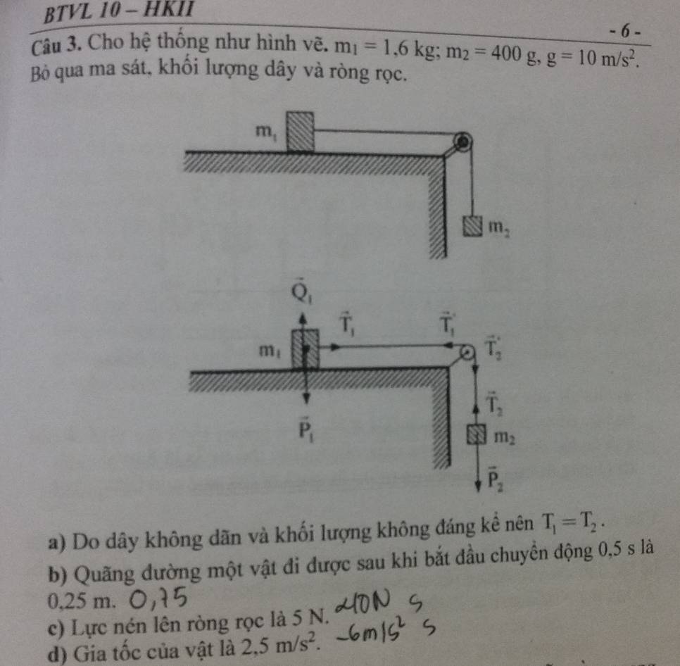 BTVL 10 - HKII
- 6 -
Câu 3. Cho hệ thông như hình vẽ. m_1=1,6kg;m_2=400 g, g=10m/s^2.
Bỏ qua ma sát, khối lượng dây và ròng rọc.
a) Do dây không dãn và khối lượng không đáng kể nên T_1=T_2.
b) Quãng đường một vật đi được sau khi bắt đầu chuyển động 0,5 s là
0,25 m.
c) Lực nén lên ròng rọc là 5 N.
d) Gia tốc của vật là 2,5m/s^2.