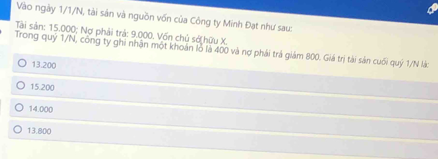 Vào ngày 1/1/N, tài sán và nguồn vốn của Công ty Minh Đạt như sau:
Tài sản: 15.000; Nợ phải trả: 9.000. Vốn chủ sớ hữu X.
Trong quý 1/N, công ty ghi nhận một khoán lỗ là 400 và nợ phái trá giám 800. Giá trị tài sản cuối quý 1/N là:
13.200
15.200
14.000
13.800