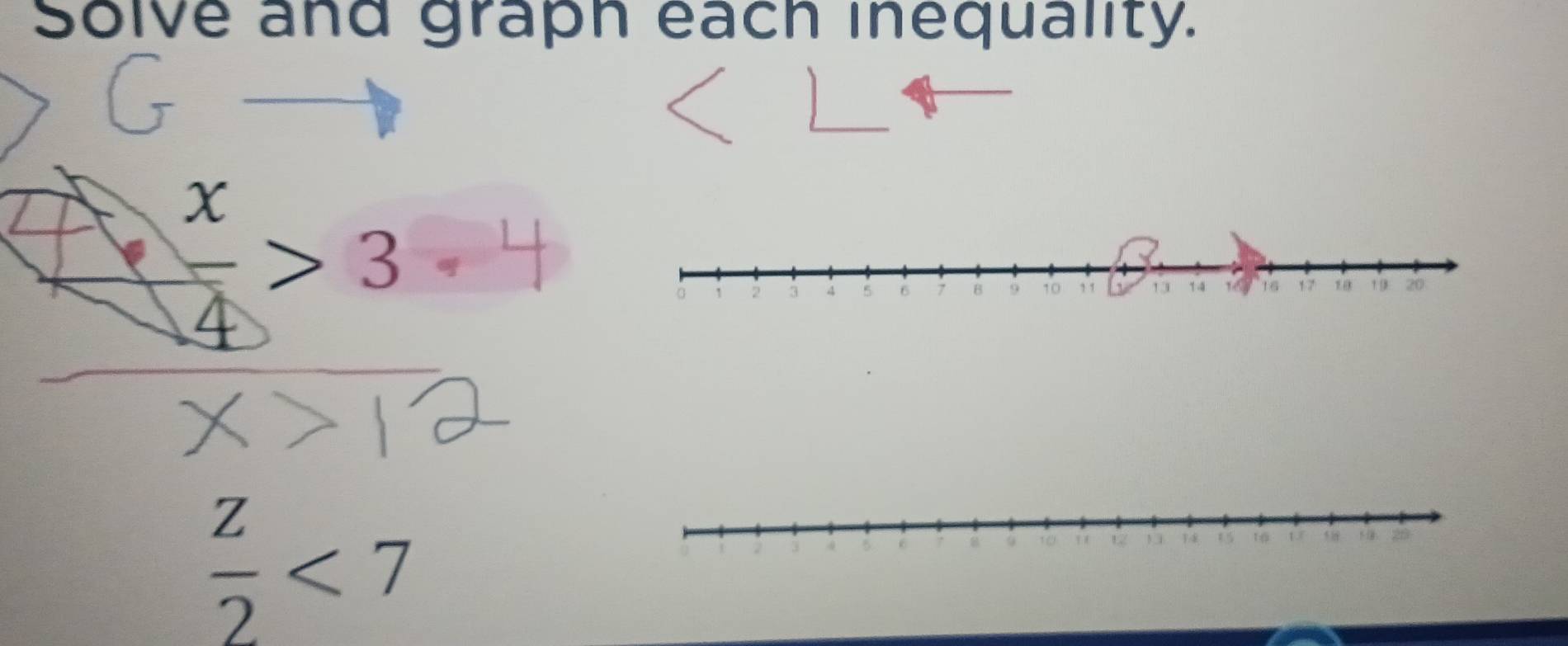 Solve and graph each inequality.
 x/4 >3
 z/2 <7</tex>