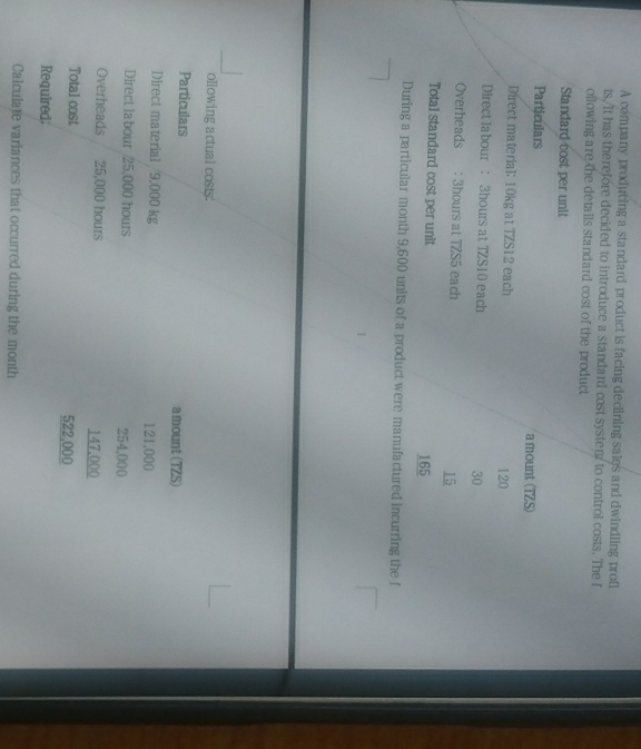 A company producing a standard product is facing declining sales and dwindling profi 
ts, It has the refore decided to introduce a standard cost system to control costs. The f 
ollowing are the details standard cost of the product 
Standard cost per unit 
Particulars a mount (TZS) 
Direct material: 10kg at TZS12 each 120
Direct la bour : 3hours at TZS10 each 30
Overheads : 3hours at TZS5 each 15
Total standard cost per unit
165
During a particular month 9,600 units of a product were manufactured incurring the f 
ollowing actual costs: 
Particulars amount(TZS) 
Direct material 9,000 kg 121,000
Direct la bour 25,000 hours 254,000
Overheads 25,000 hours 147.000
Total cost 522,000
Required: 
Calculate variances that occurred during the month