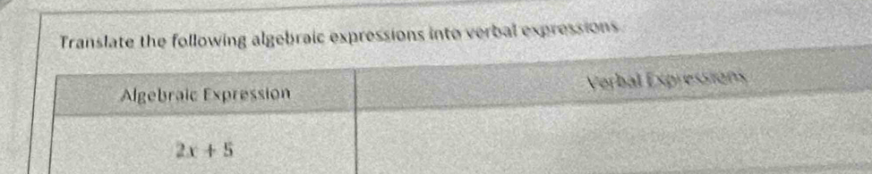 Translate the following algebraic expressions into verbal expressions