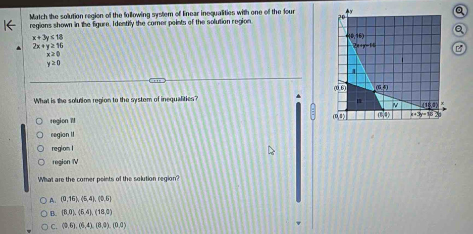 Match the solution region of the following system of linear inequalities with one of the four 
a
regions shown in the figure. Identify the corner points of the solution region.
a
x+3y≤ 18
2x+y≥ 16
B
x≥ 0
y≥ 0
What is the solution region to the system of inequalities?
:
region III
region II
region l
region IV
What are the corner points of the solution region?
A. (0,16),(6,4),(0,6)
B. (8,0),(6,4),(18,0)
C. (0,6),(6,4),(8,0),(0,0)