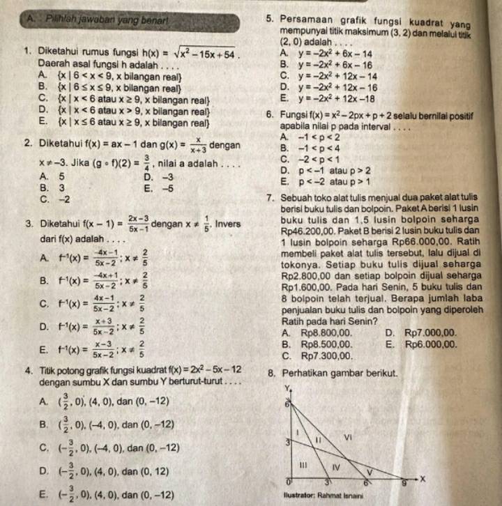 Pilihlsh jawaban yang benar!
5. Persamaan grafik fungsi kuadrat yang
mempunyai titik maksimum (3,2) dan melalul titik
(2,0) adalah . . . .
1. Diketahui rumus fungsi h(x)=sqrt(x^2-15x+54). A. y=-2x^2+6x-14
Daerah asal fungsi h adalah . . . .
B. y=-2x^2+6x-16
A.  x|6 , x bilangan real C. y=-2x^2+12x-14
B.  x|6≤ x≤ 9 , x bilangan real
D. y=-2x^2+12x-16
C.  x|x<6</tex> atau x≥ 9 , x bilangan real E. y=-2x^2+12x-18
D.  x|x<6</tex> atau x>9 , x biiangan real 6. Fungsi f(x)=x^2-2px+p+2 selalu bernilal positif
E.  x|x≤ 6 atau x≥ 9 , x bilangan real apabila nilai p pada interval . . . .
A. -1
2. Diketahui f(x)=ax-1 dan g(x)= x/x+3  dengan B. -1
C. -2
x!= -3. Jika (gcirc f)(2)= 3/4  , nilai a adalah . . . . D. p atau p>2
A. 5 D. -3 atau p>1
E. p
B. 3 E. -5
C. -2 7. Sebuah toko alat tulis menjual dua paket alat tulis
berisi buku tulis dan bolpoin. Paket A berisi 1 lusin
3. Diketahui f(x-1)= (2x-3)/5x-1  dengan x!=  1/5 . Invers buku tulis dan 1,5 lusin bolpoin seharga
Rp46.200,00. Paket B berisi 2 lusin buku tulis dan
dari f(x) adalah .. 1 lusin bolpoin seharga Rp66.000,00. Ratih
A. f^(-1)(x)= (-4x-1)/5x-2 ;x!=  2/5  membeli paket alat tulis tersebut, lalu dijual di
tokonya. Setiap buku tulis dijual seharga
B. f^(-1)(x)= (-4x+1)/5x-2 ;x!=  2/5  Rp2.800,00 dan setiap bolpoin dijual seharga
Rp1.600,00. Pada hari Senin, 5 buku tulis dan
C. f^(-1)(x)= (4x-1)/5x-2 ;x!=  2/5  8 bolpoin telah terjual. Berapa jumlah laba
penjualan buku tulis dan bolpoin yang diperoleh
Ratih pada hari Senin?
D. f^(-1)(x)= (x+3)/5x-2 ;x!=  2/5  A. Rp8.800,00. D. Rp7.000,00.
E. f^(-1)(x)= (x-3)/5x-2 ;x!=  2/5  B. Rp8.500,00. E. Rp6.000,00.
C. Rp7.300,00.
4. Titik potong grafik fungsi kuadrat f(x)=2x^2-5x-12 8. Perhatikan gambar berikut.
dengan sumbu X dan sumbu Y berturut-turut . . . .
Y,
A. ( 3/2 ,0),(4,0) , dan (0,-12) 6
B. ( 3/2 ,0),(-4,0) , dan (0,-12)
1
C. (- 3/2 ,0),(-4,0) , dan (0,-12)
3 VI
IV
D. (- 3/2 ,0),(4,0), , dan (0,12) v - x
0 3 6 9
E. (- 3/2 ,0),(4,0), , dan (0,-12) Ilustrator: Rahmat Isnaini