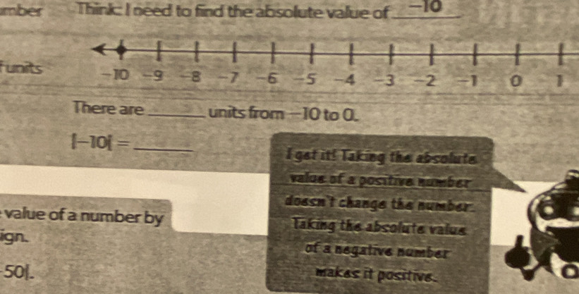 mber T hink: I need to find the absolute value of __ −10
funits 
There are _units from −10 to 0.
_ |-10|=
I get it! Taking the absolute
value of a positive number
doesn't change the number .
value of a number by Taking the absolute value
ign. of a negative number
5 O|.
makes it positive.
a