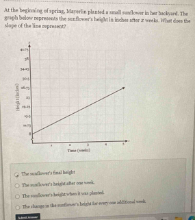 At the beginning of spring, Mayerlin planted a small sunflower in her backyard. The
graph below represents the sunflower's height in inches after z weeks. What does the
slope of the line represent?
The sunflower's final height
The sunflower's beight after one week.
The susflower's height when it was planted.
The change in the susflower's height for every one additional week.
Sdest Arened