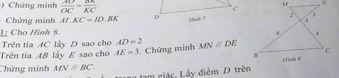 ) Chứng minh  AO/OC = BA/KC 
Chứng minh AI.KC=ID.BK
1: Cho Hình 8. 
Trên tia AC lấy D sao cho AD=2
Trên tia AB lấy E sao cho AE=3. Chứng minh MN//DE
Chứng minh MNparallel BC. 
tam giác. Lấy điểm D trên