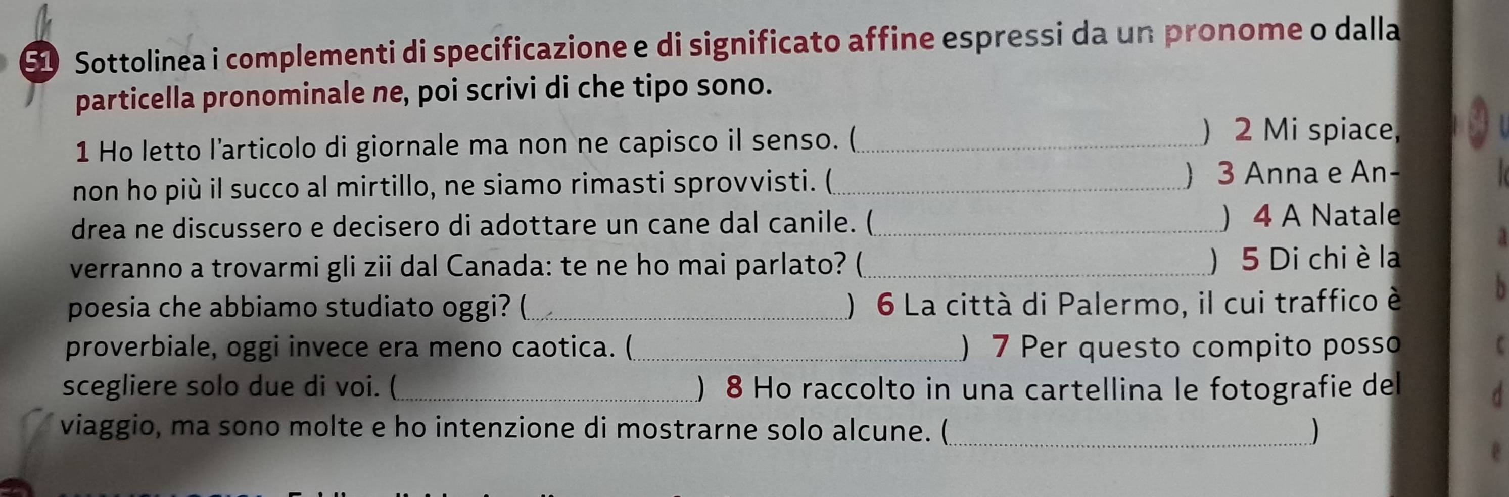 SD Sottolinea i complementi di specificazione e di significato affine espressi da un pronome o dalla 
particella pronominale ne, poi scrivi di che tipo sono. 
1 Ho letto l'articolo di giornale ma non ne capisco il senso. (_ 
) 2 Mi spiace, 
non ho più il succo al mirtillo, ne siamo rimasti sprovvisti. (_  3 Anna e An- 
drea ne discussero e decisero di adottare un cane dal canile. ( _) 4 A Natale 
verranno a trovarmi gli zii dal Canada: te ne ho mai parlato? (_ 
) 5 Di chi è la 
poesia che abbiamo studiato oggi? (_ ) 6 La città di Palermo, il cui traffico è 
3 
proverbiale, oggi invece era meno caotica. (_ ) 7 Per questo compito posso U 
scegliere solo due di voi. (_ ) 8 Ho raccolto in una cartellina le fotografie del d 
viaggio, ma sono molte e ho intenzione di mostrarne solo alcune. (_ )