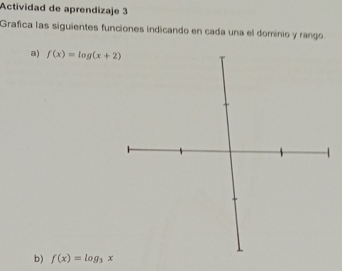 Actividad de aprendizaje 3 
Grafica las siguientes funciones indicando en cada una el dominio y rango. 
a) f(x)=log (x+2)
b) f(x)=log _3x