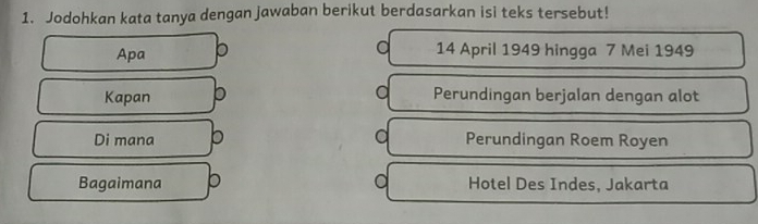 Jodohkan kata tanya dengan jawaban berikut berdasarkan isi teks tersebut! 
a 
Apa p 14 April 1949 hingga 7 Mei 1949 
a 
Kapan b Perundingan berjalan dengan alot 
Di mana b a Perundingan Roem Royen 
Bagaimana b Hotel Des Indes, Jakarta