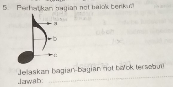 Perhatikan bagian not balok berikut! 
Jelaskan bagian-bagian not balok tersebut! 
Jawab: 
__