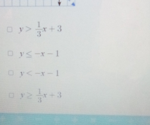 y> 1/3 x+3
y≤ -x-1
y
y≥  1/3 x+3